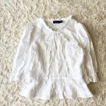 폴로 랄프로렌 린넨 100% 레이스 블라우스 화이트 리본