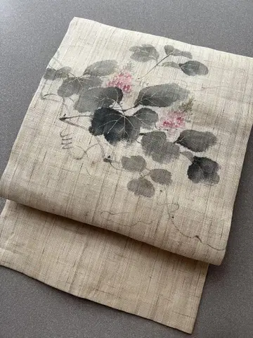순수 린넨 나고야 오비 작가 작품 꽃 금색 장식