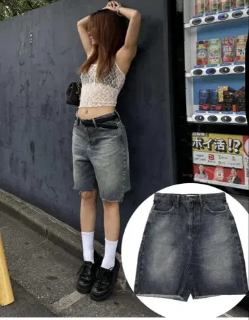 ACLENT 프린지 데님 하프 팬츠 블루