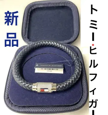 새상품 TOMMY HILFIGER 타미힐피거 뜨개질 가죽 팔찌 네이비