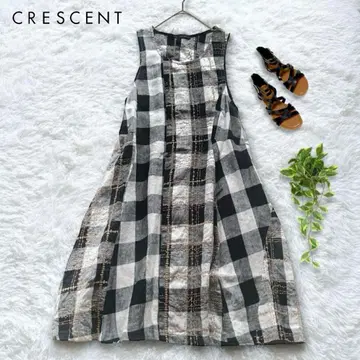 CRESCENT 린넨 100% 체크 무늬 린넨 원피스 자수 절개 M