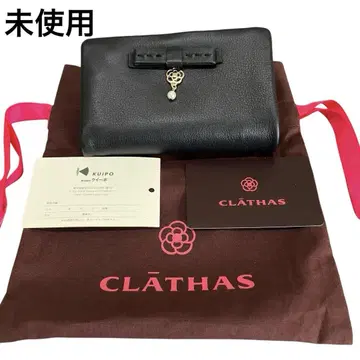 미사용 클레이사스 CLATHAS 천연 가죽 2단 폴더형 컴팩트 지갑 리본
