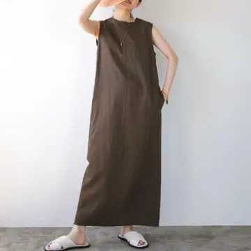 IENA 면 린넨 새틴 I 라인 원피스 브라운 38