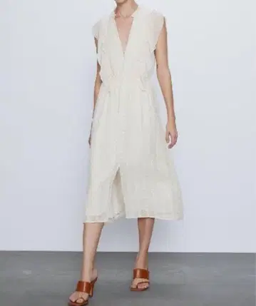 ZARA 자라 아이보리 프릴 슬리브리스 롱 원피스 자수 도트