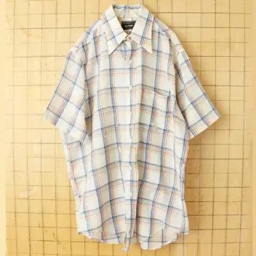 70s 80s USA JCPenney 반팔 체크 셔츠 블루 L ss26