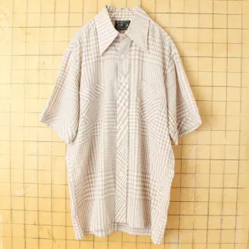 70s 80s USA JCPenney 반팔 체크 셔츠 베이지 M ss27