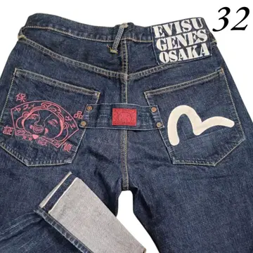 EVISU 다이코쿠 자수 흰색 갈매기 셀비지 빨간 귀 스트레이트 데님