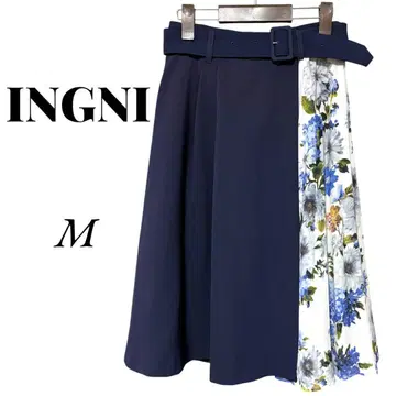 ING 잉그 플레어 스커트 M 네이비 꽃무늬 플라워 랩 절개