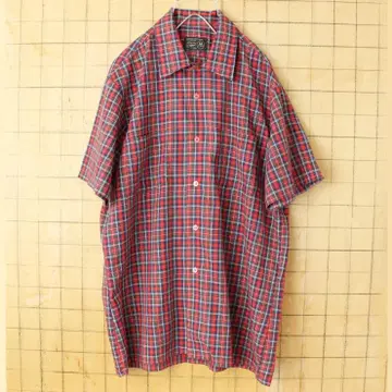 70s 80s USA JCPenney 반팔 체크 셔츠 레드 M ss28