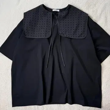 새상품급 요리 빅 칼라 플로키 반팔 블라우스 도트 옷깃 블랙 검정