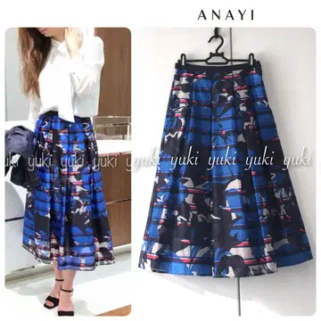 ANAYI 보더 빅 플라워 프린트 턱 스커트 38
