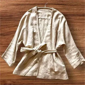 쉽스 린넨 자켓 노카라 레이온 베이지 벨트 포함 F