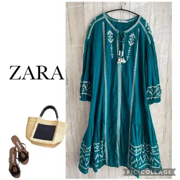 ZARA 자라 자수 인도 면 맥시 길이 롱 원피스 그린