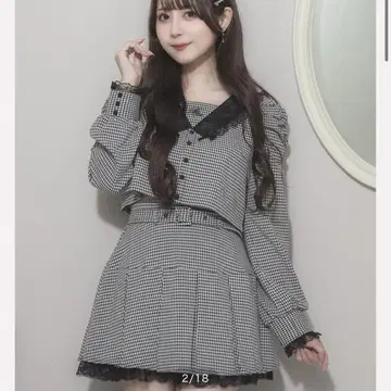 pium 레이스 리본 칼라 탑 벨트 플리츠 프릴 미니 스커트