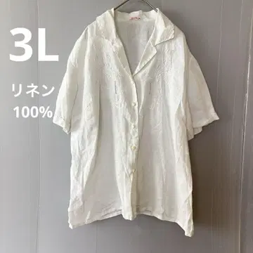 빅 사이즈 자수 린넨 100% 화이트 반팔 셔츠 44
