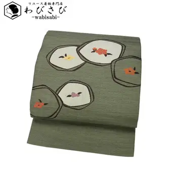 나고야 오비 츠무기 마루에 꽃무늬 모양 야나기스스다케 브라운 O-5222