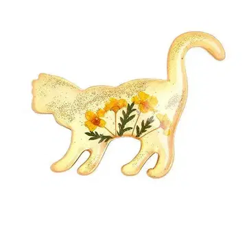 핀즈 배지 브로치 (에나멜 골드) 고양이 고양이와 꽃 플라워
