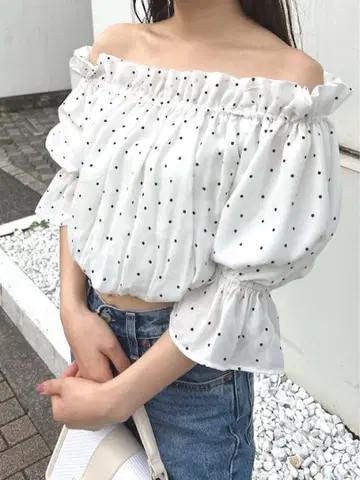 오프숄더 헴 벌룬 블라우스