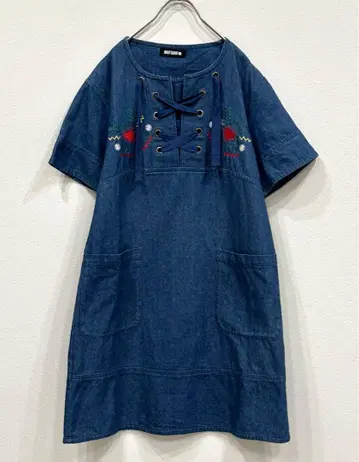 새상품급 마리콴트 MARYQUANT 데님 자수 원피스 반팔 레트로