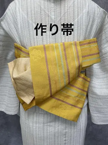 반폭 오비 만들기 옐로우 컬러 스트라이프에 벚꽃 기키야 매듭