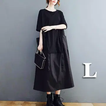 도킹 원피스 블랙 빅 실루엣 포켓 반팔 종아리 기장 새상품