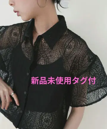 자수 레이스 숏 셔츠 블랙 리안
