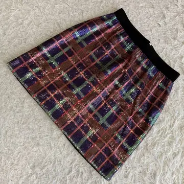 DRESS 스팽글 스커트 멀티 컬러 36 체크 무늬 럭셔리 화려한