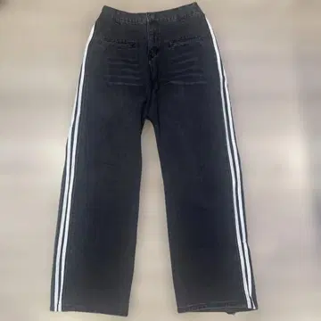 블랙 와이드 레그 데님 팬츠 사이드 스트라이프