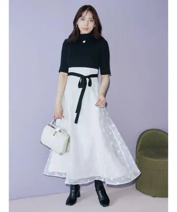 MARY QUANT 콜라보 데이지 플로키 프린트 도킹 니트 원피스