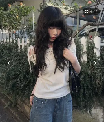 anyonemore 오프숄더 리본 반팔 리브 티셔츠