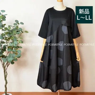 L~LL 빅 사이즈 도트 무늬 벌룬 원피스 여성용 5부 소매/블랙