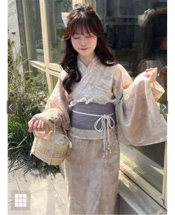 꽃무늬 자수 베이지 유카타 오비 세트