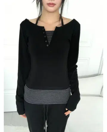 blackup 비닝 레이어드 스트라이프 홀더 헨리넥
