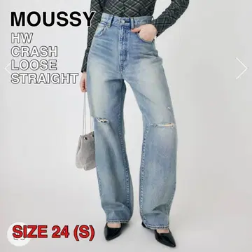 컨디션 최상 MOUSSY 마우지 하이웨스트 크러쉬 루즈 스트레이트 파랑