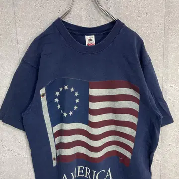 프룻 오브 더 룸 USA제 90년대 미국 국기 프린트 티셔츠 L