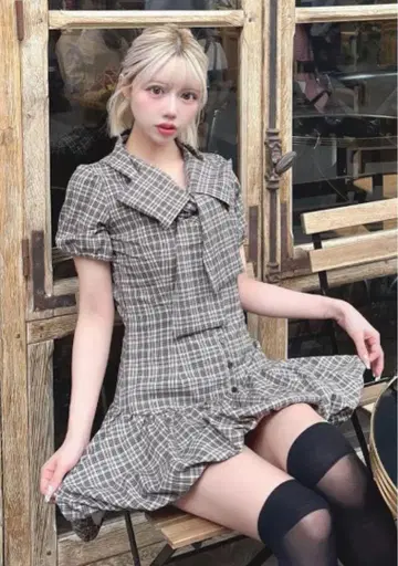 Darich 빅 리본 벌룬 체크 미니 원피스