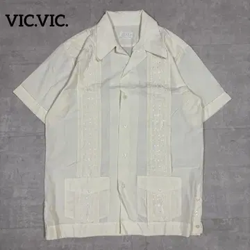 VIC.VIC. 쿠바 셔츠 반팔 자수 라인 오픈 카라 화이트 M