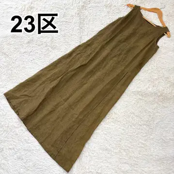 23구 롱 원피스 슬리브리스 카키 린넨 A 라인