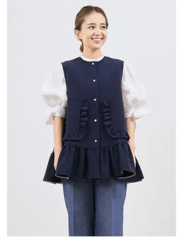 yori 포켓 프릴 베스트 네이비