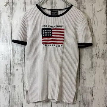 레어 Ralph Lauren 폴로 청바지 성조기 자수 반팔 니트 스웨터