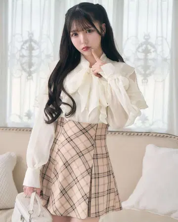 미셸 마카롱 플레어 체크 스커트 베이지 XS 사이즈