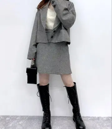 헤더 체크 무늬 크롭 자켓 스커트 세트