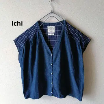 ichi 블라우스 데님 절개 체크 넉넉한 코튼 린넨