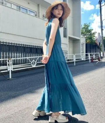 카스타네 양류 티어드 민소매 원피스 블루 F