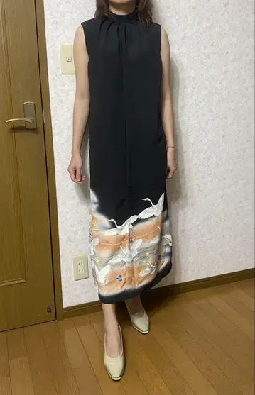 기모노 리메이크 원피스 순수 실크 S~M 사이즈 모델 158cm 45kg