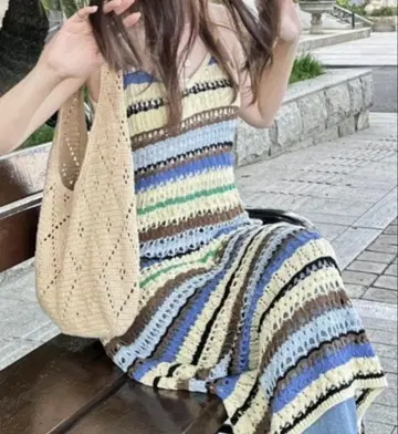 멀티 보더 크로 셰 뜨개질 니트 원피스