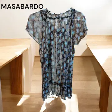 MASABARDO 반팔 튜닉 파랑과 브라운 도트 무늬