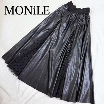 MONiLE 모니레 가죽 튤 허리 밴딩 플레어 롱 스커트 블랙
