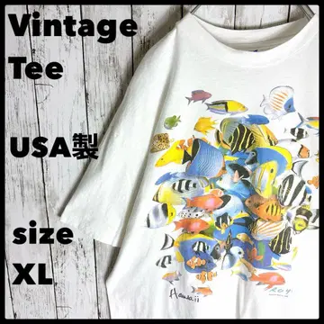USA제 90년대 빈티지 티셔츠 헤인즈 XL 물고기 프린트 아트 티셔츠