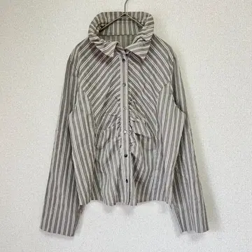 INTER FASHION 긴팔 셔츠 개더 블라우스 그레이 스트라이프 L